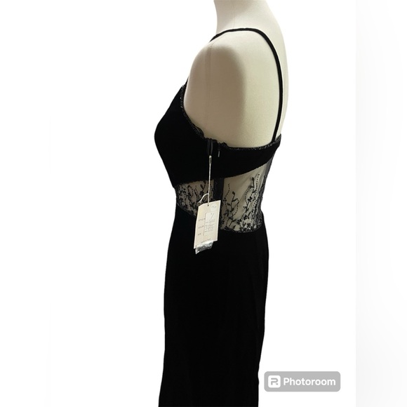NWT Precious Formals Size 10 Black Velvet Gown with Sheer mid and back and beads - Picture 7 of 15